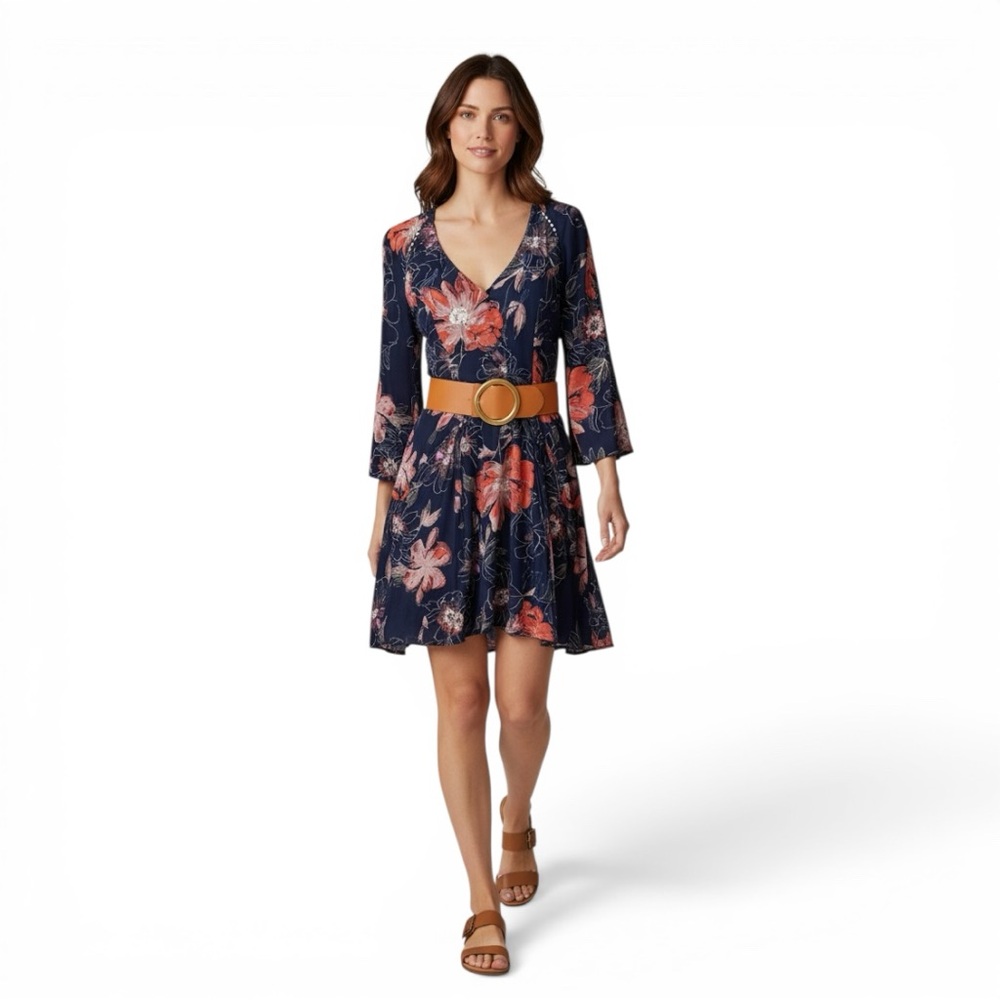 Free People Floral Mini Dress Navy Boho V Neck Fit & Flare Long Sleeve 2